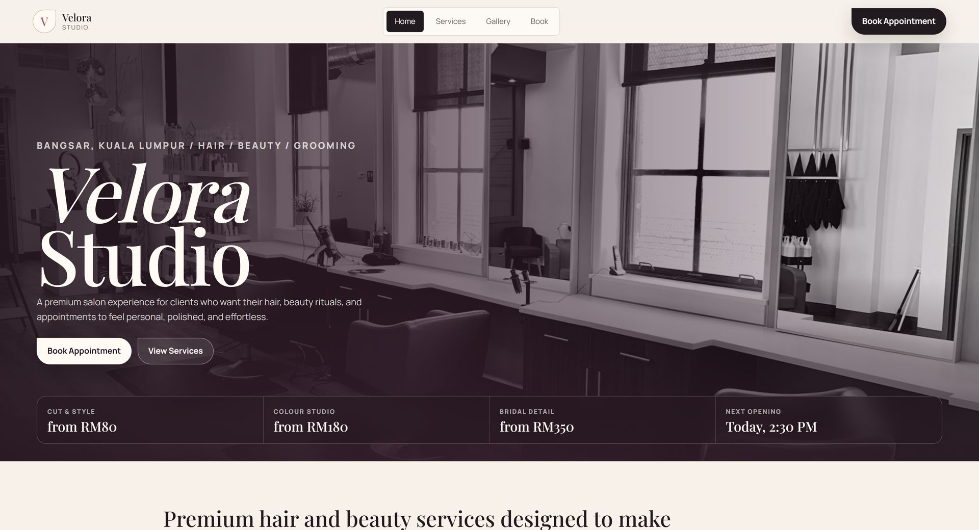 Velora Salon premium beauty and salon website concept by Culinary Digital Studio